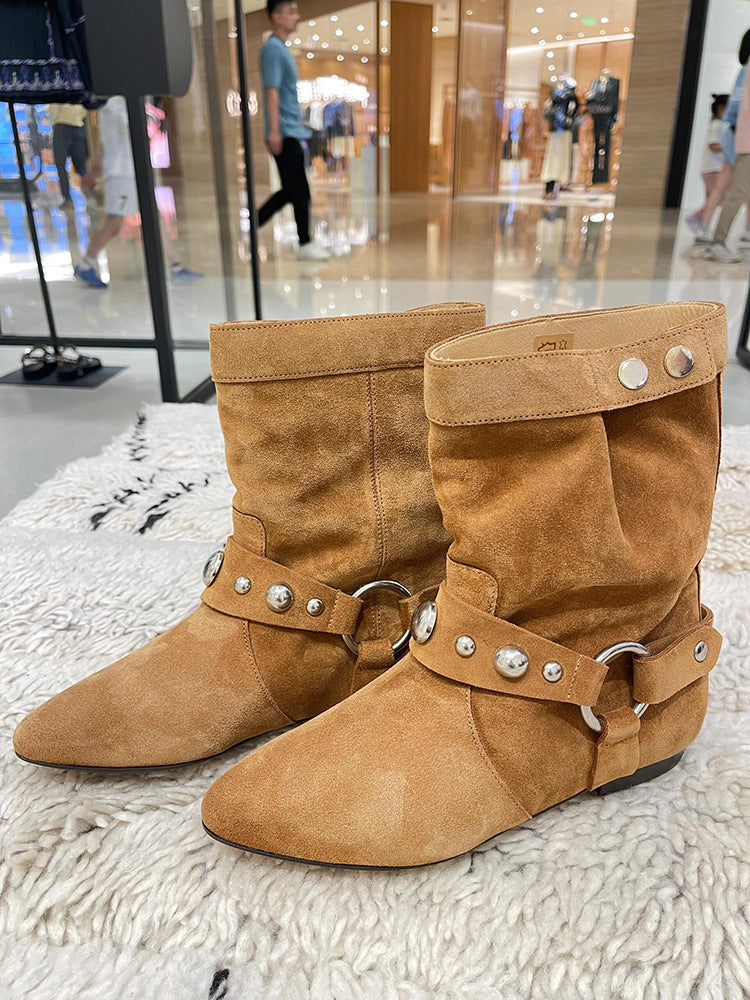 Women's Retro Minority Suede Metal Ring Pointed Western Cowboy Flat Skinny Heels