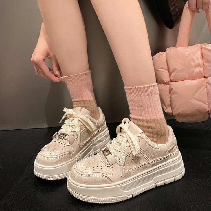 Women's Genuine Platform White Fashion Retro Distressed Sports Sneakers