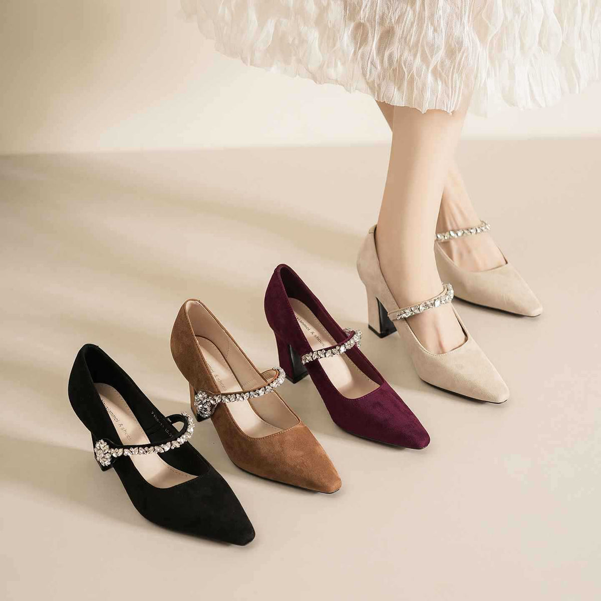 Women's French Style Temperament Crystal Mary Jane High Suede Women's Fashion Shoes