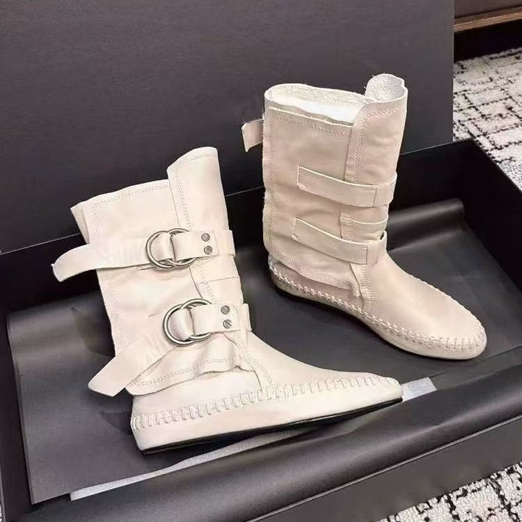 Style Square Head Female Metal Buckle Retro Flat Bottom Women's Leather Boots
