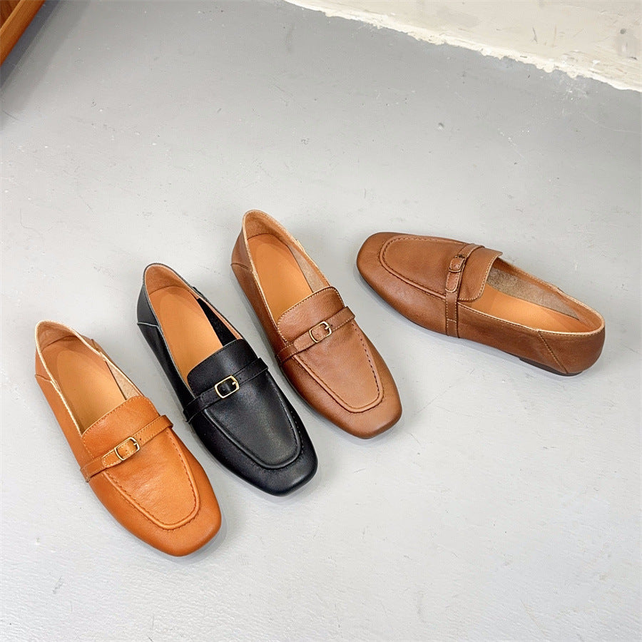 Women's Spring Shopping Mall British First Layer Cowhide Soft Bottom Loafers