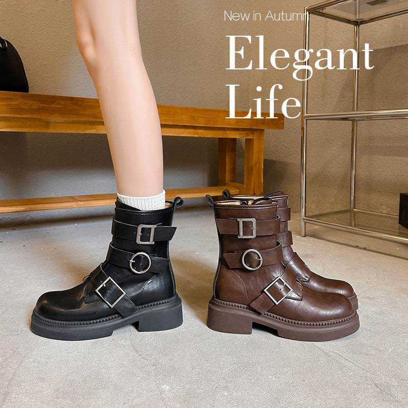 Women's Martin Belt Buckle Platform Motorcycle Knight Retro British Boots