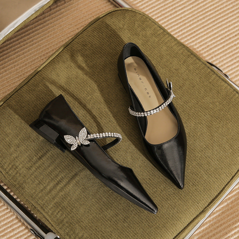 Women's Chunky Flat Pointed Toe Rhinestone Bow Women's Fashion Shoes