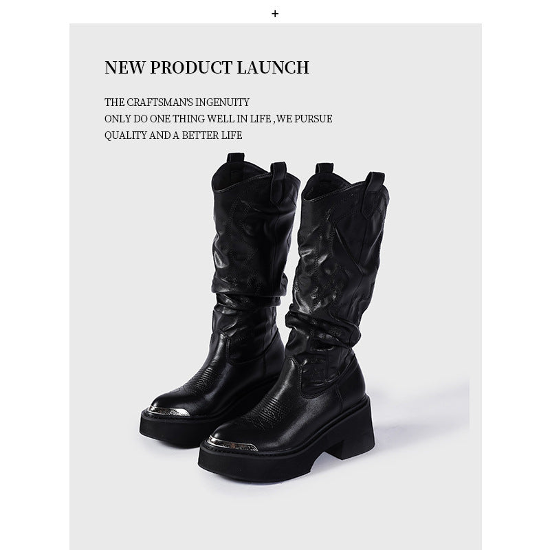 Women's Thick-soled Pile Style Embroidered Metal Height Increased Small Boots