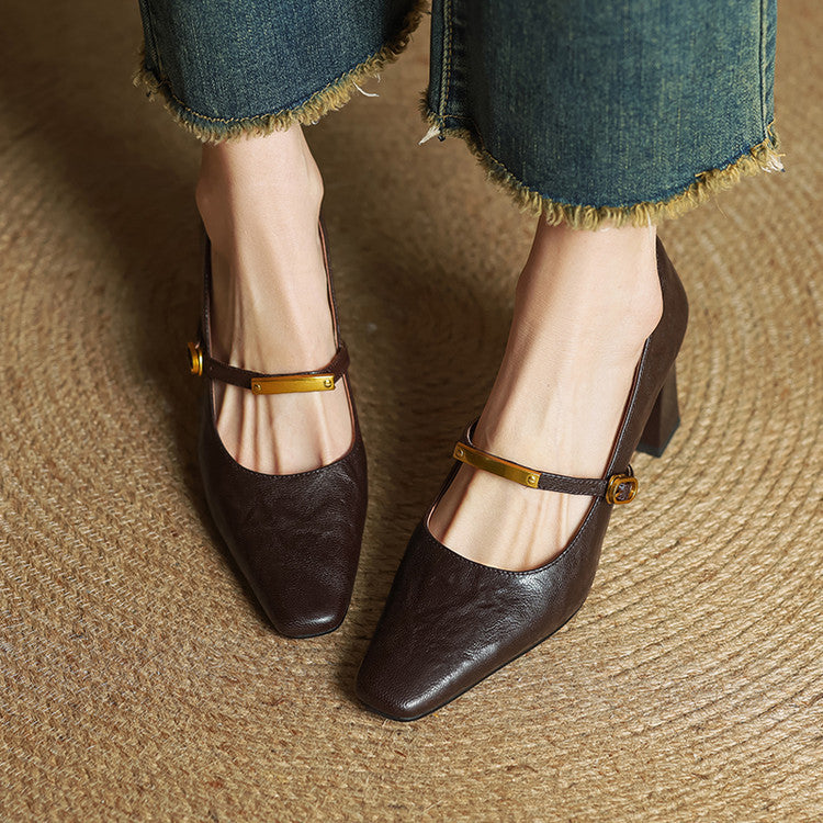 Women's French Retro Authentic Square Toe High Chunky Brown Thin Plus Women's Casual Shoes