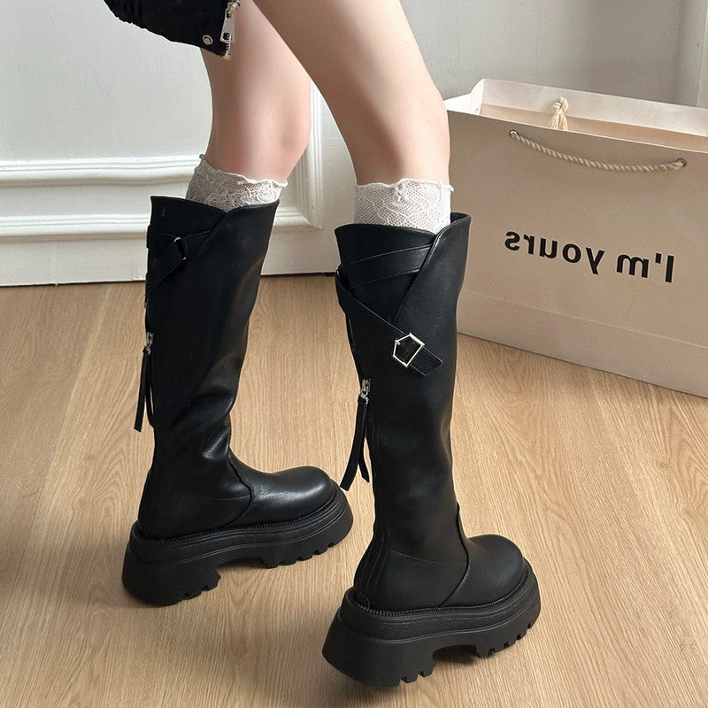 Small Thick Leg Slimming Bottom Female Belt Buckle Retro High Women's Leather Boots