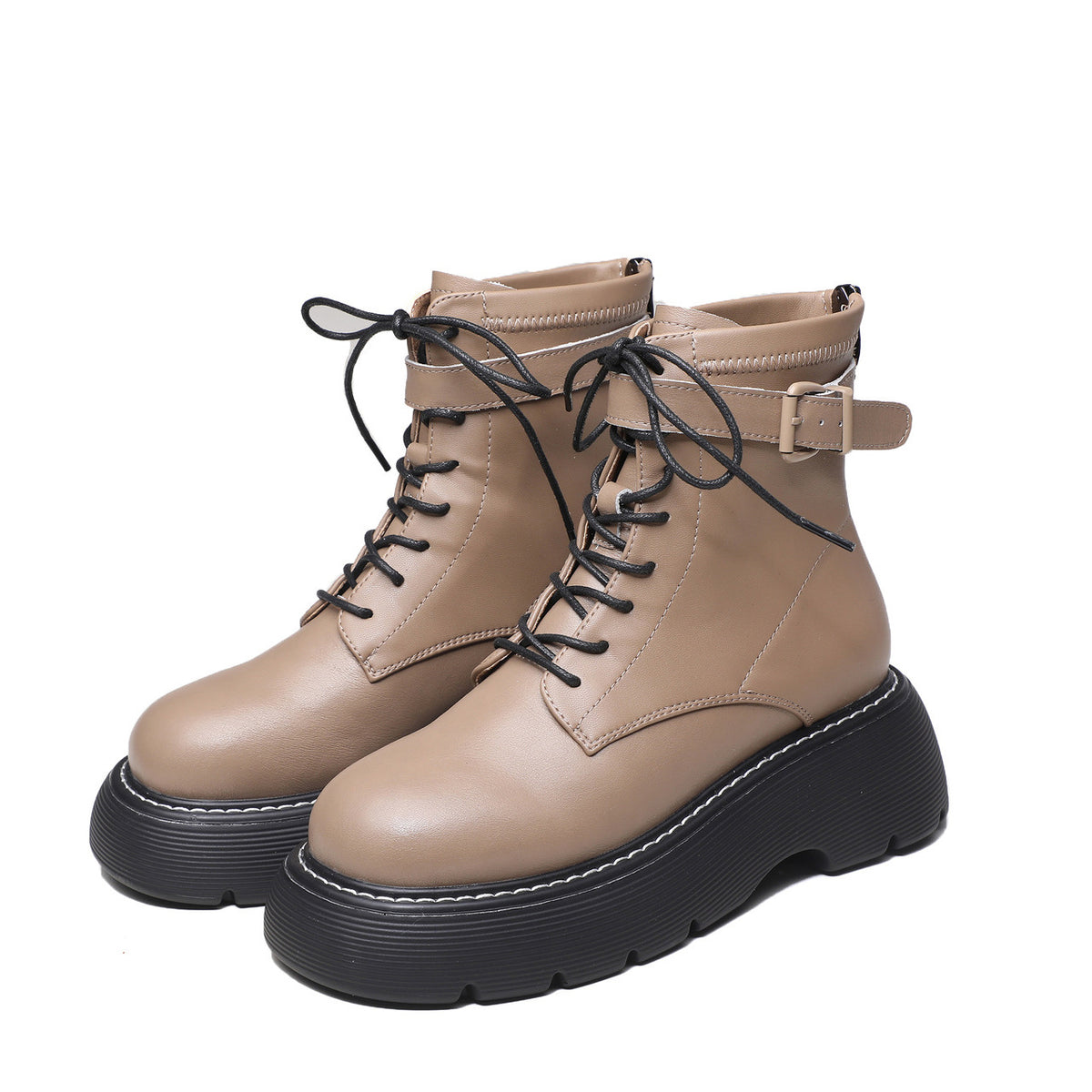 Women's Martin Chunky Ankle Vintage Buckle Fleece Lined Round Women's Leather Boots