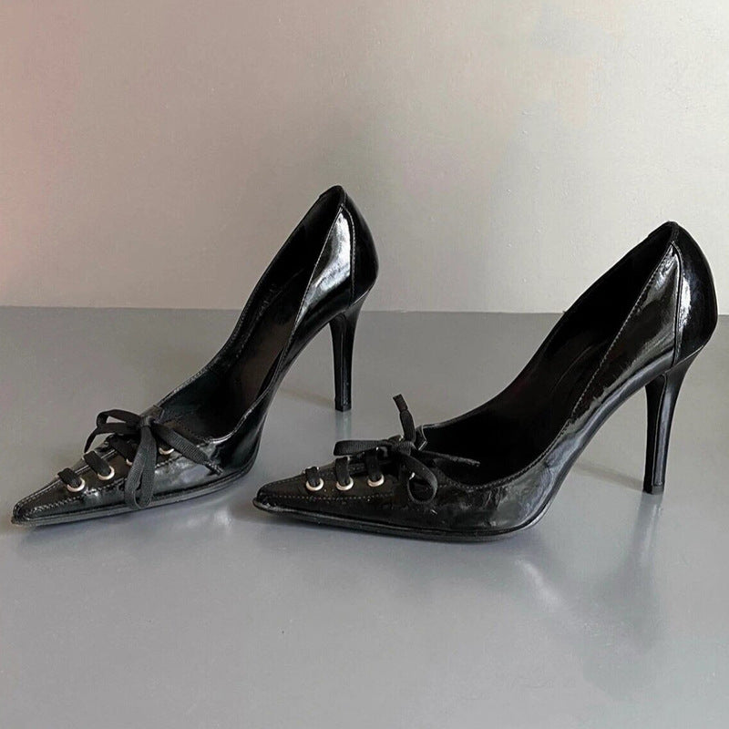 Hot Special Bow Design Pointed High Spring Stiletto Low-cut Motorcycle Heels