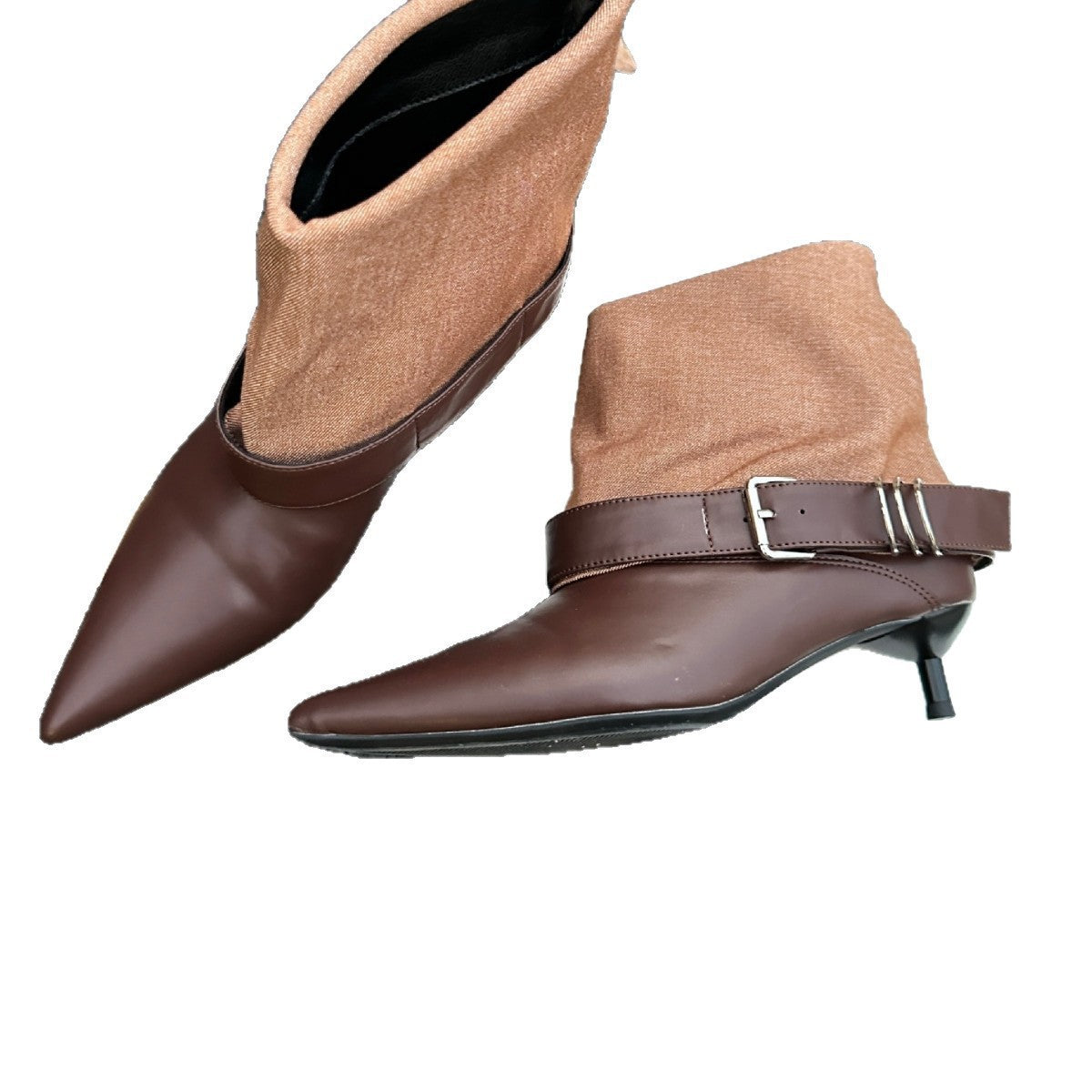 Women's Pointed Toe Belt Buckle Booties Black Thin Martin Heels