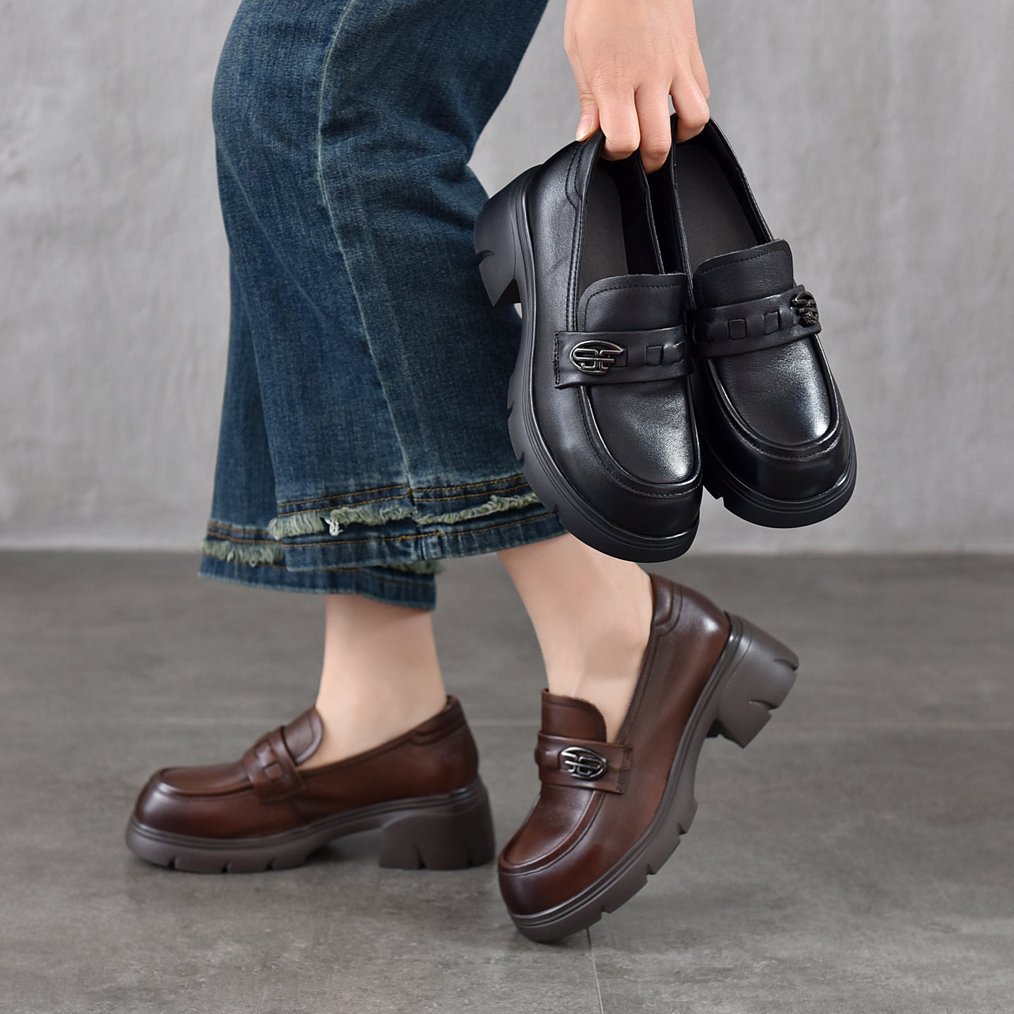 Women's First Layer Cowhide Platform Female Temperament Loafers