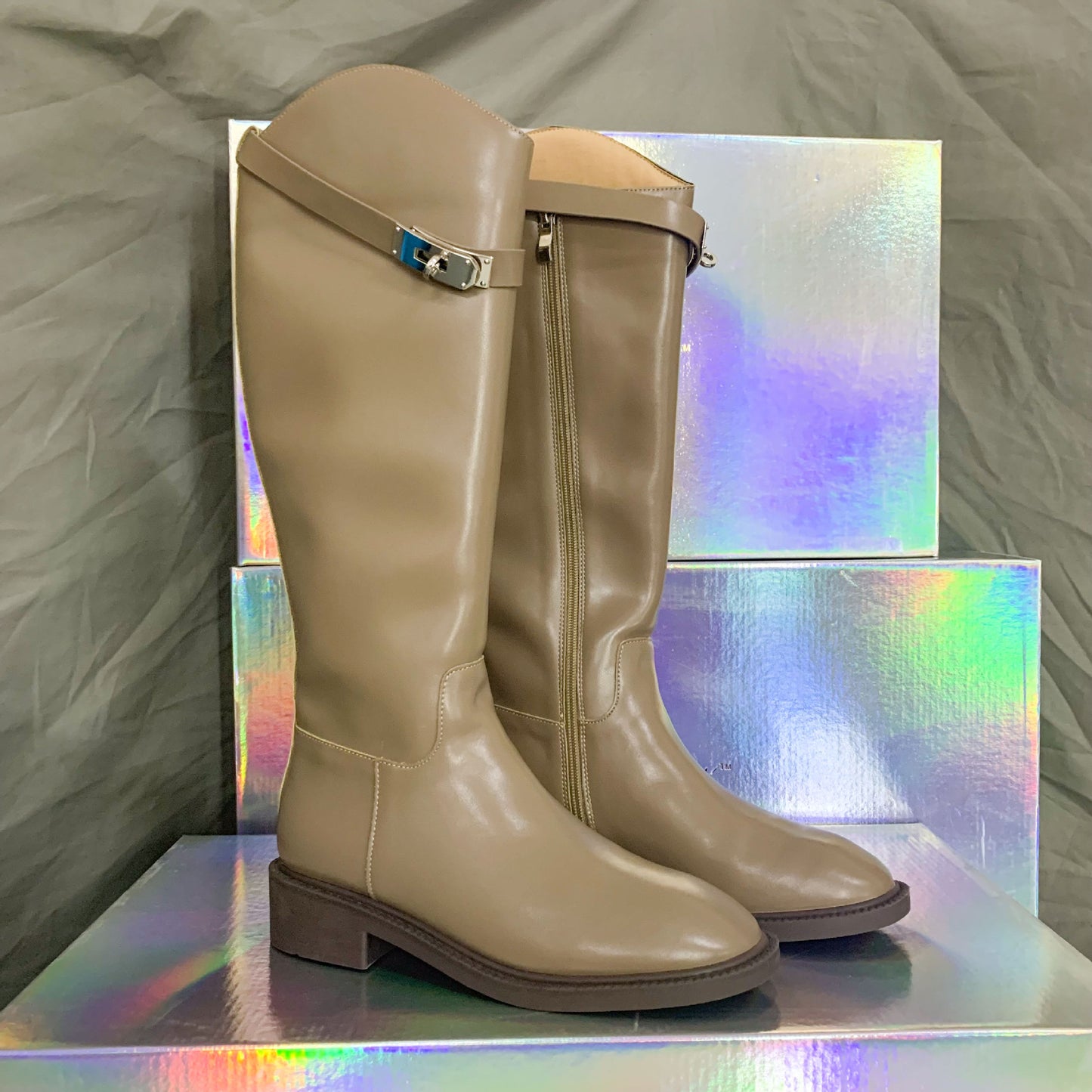 Second Hair Korean Style Slimming Oblique Lock Side Zipper Chunky Women's Leather Boots