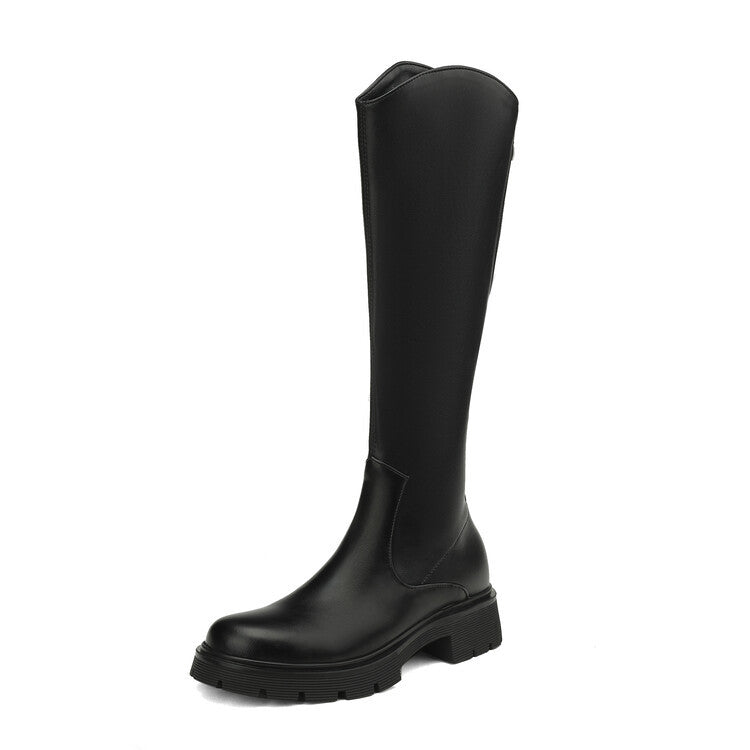 Women's Plus Size Korean Knight Round Head Chunky Below The Knee Women's Leather Boots