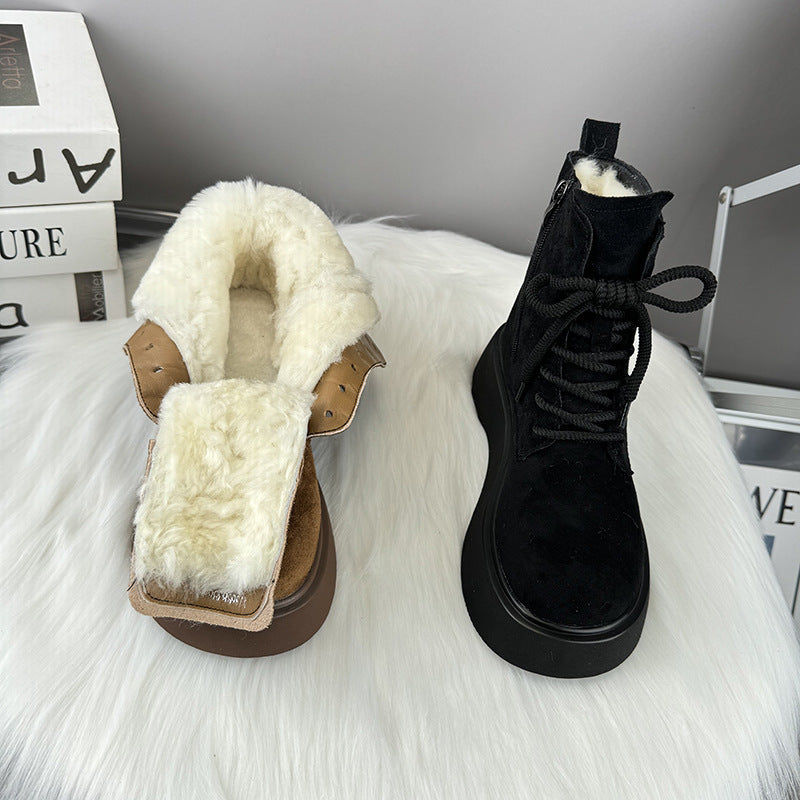 Women's Bottom Wool Fur Integrated Winter Cotton Height Increasing Fleece-lined Women's Snow Boots