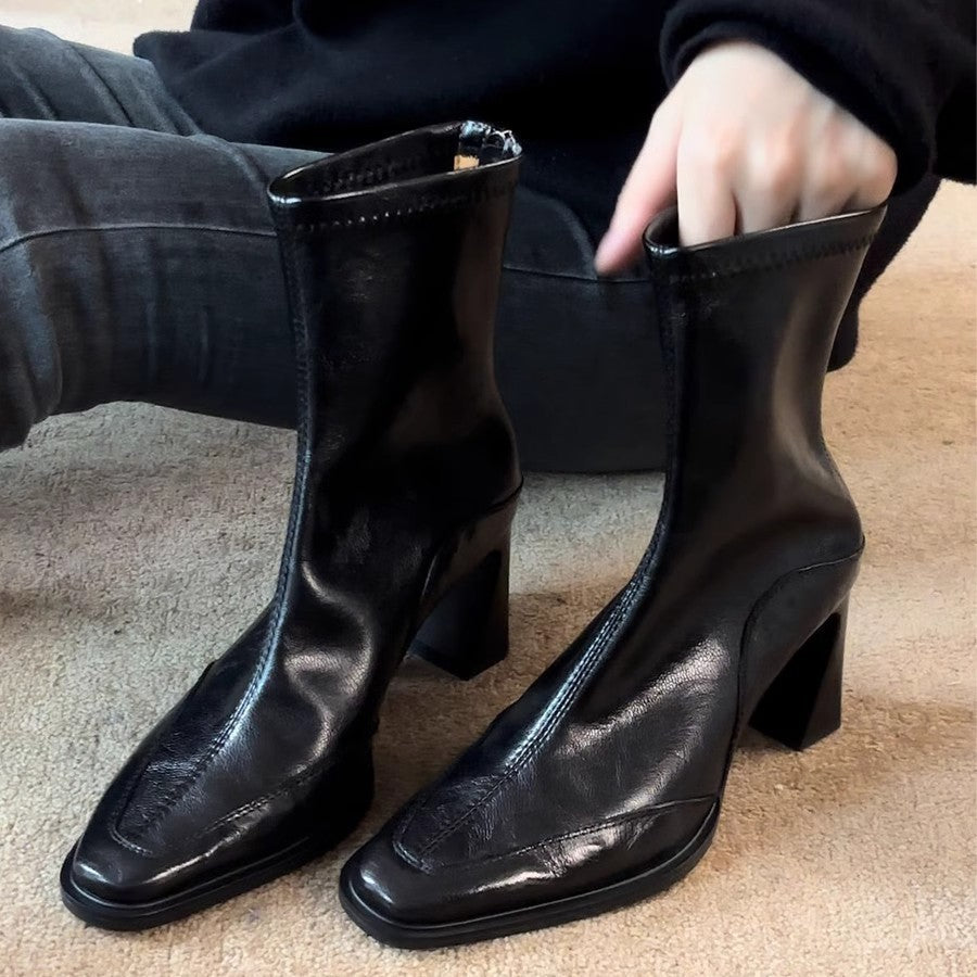 Women's French Retro Skinny High Chunky Booties Square Heels