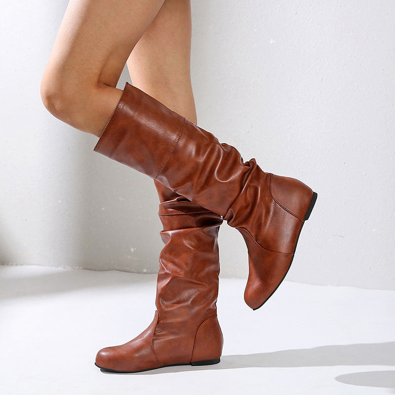 Women's Flat Bottom Mid Round Head Pleated Boots