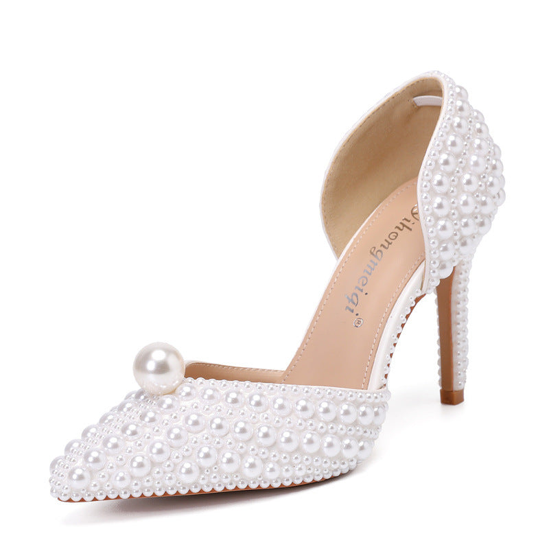 Women's Low-cut Pumps Pointed High Thin Heeled Pearl Heels