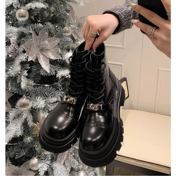 Women's Cowhide Version Thick Bottom Height Increasing Small British Style Martin Boots
