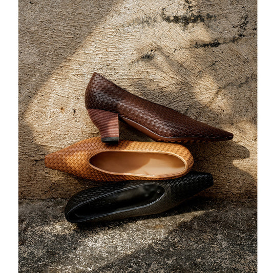 Women's Woven Pumps Thick Kitten Early Spring Genuine Square Toe Low-cut Women's Fashion Shoes