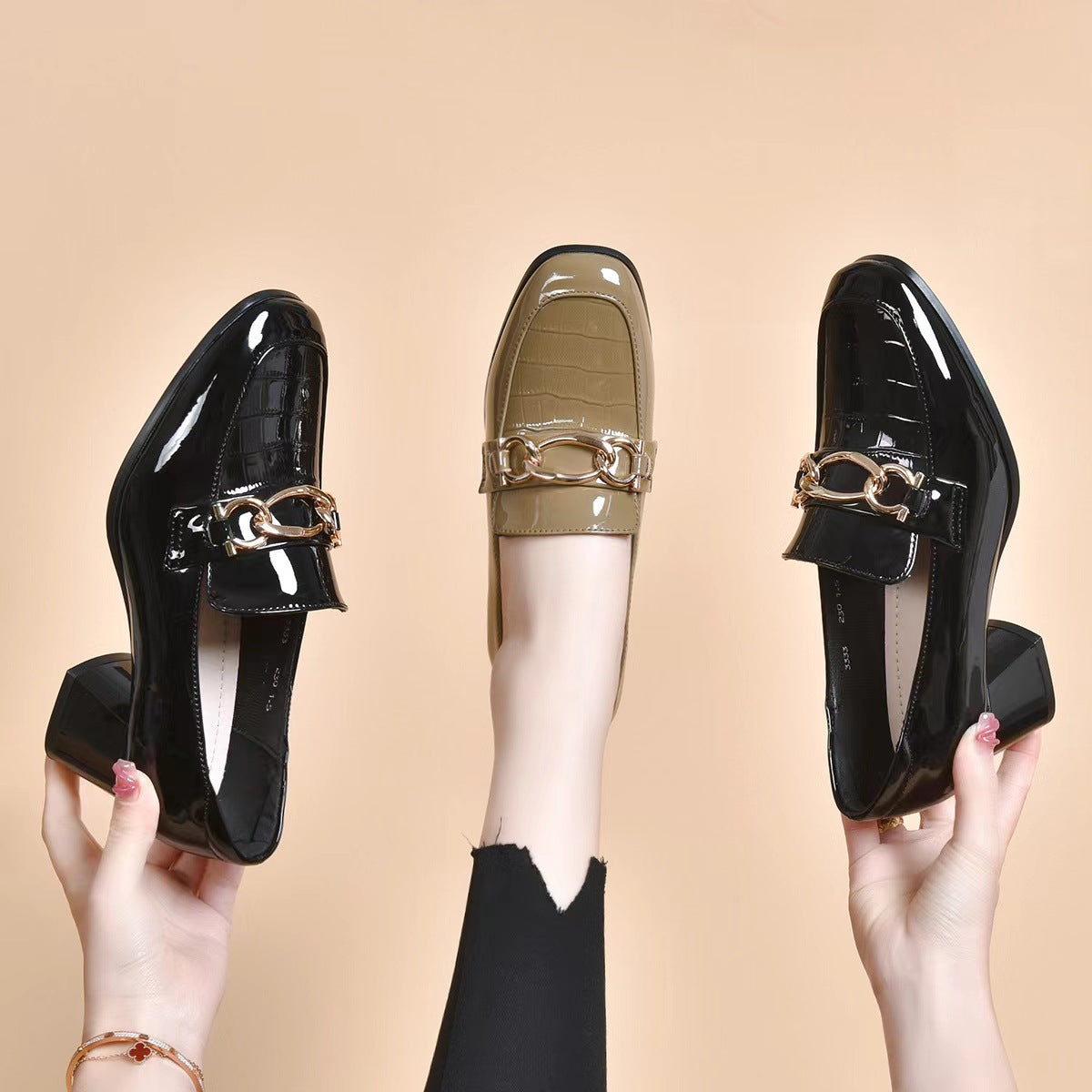 Women's Spring British Style Round Head Chunky Patent Women's Shoes