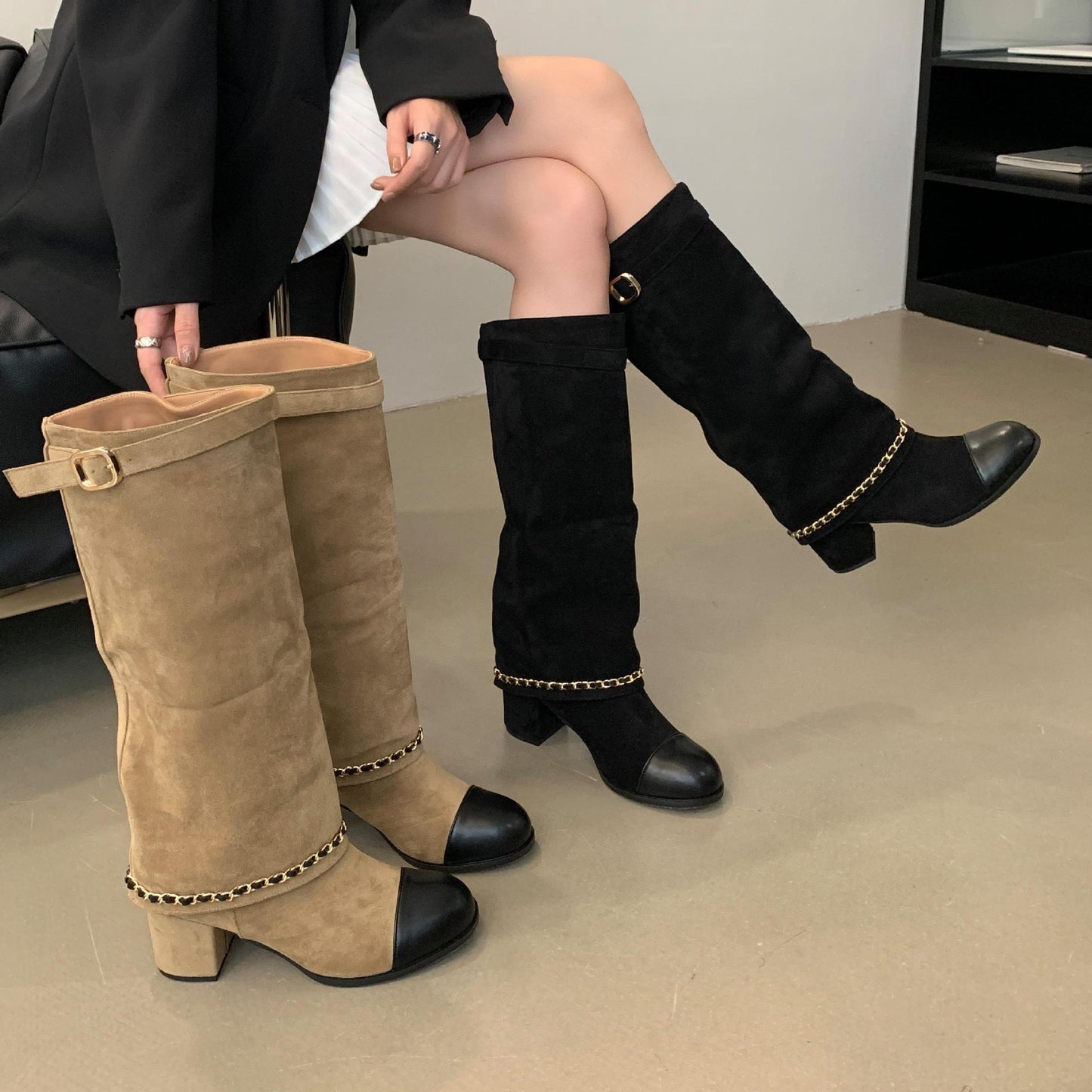 Long Female Thick Autumn Color Matching Tall Knight Slimming Straight Women's Leather Boots