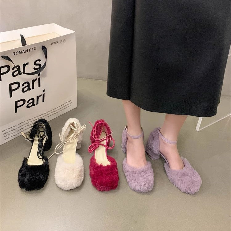 Women's Square Head Hollow Fluffy Fashionable Mary Jane Autumn Heels