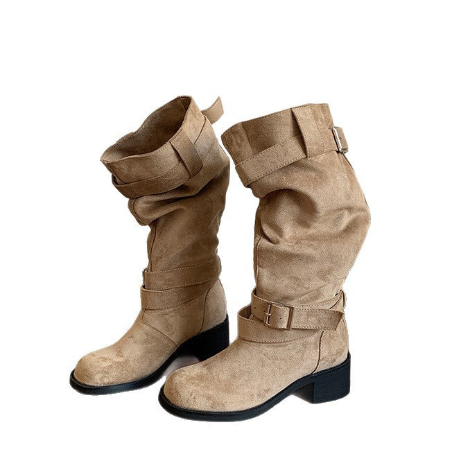 Round Head Chunky Pile Style Khaki Suede Below Boots