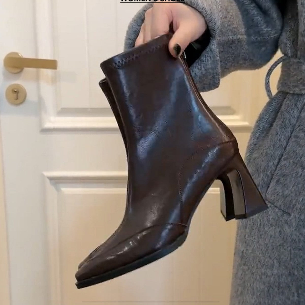 Women's High Square Toe Skinny Short Chunky Women's Leather Boots