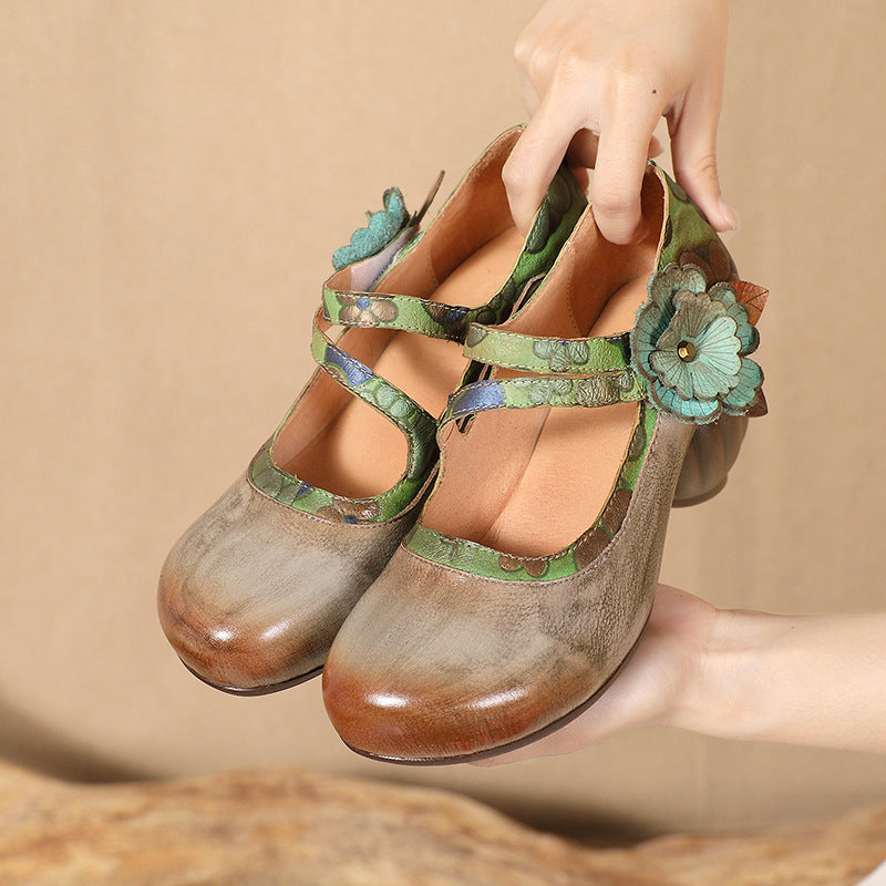 Women's High First Layer Cowhide Round Head Little Flower Toe Women's Fashion Shoes