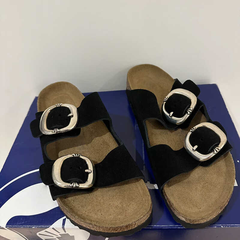 Women's Black Round Buckle Summer Open Toe Sandals