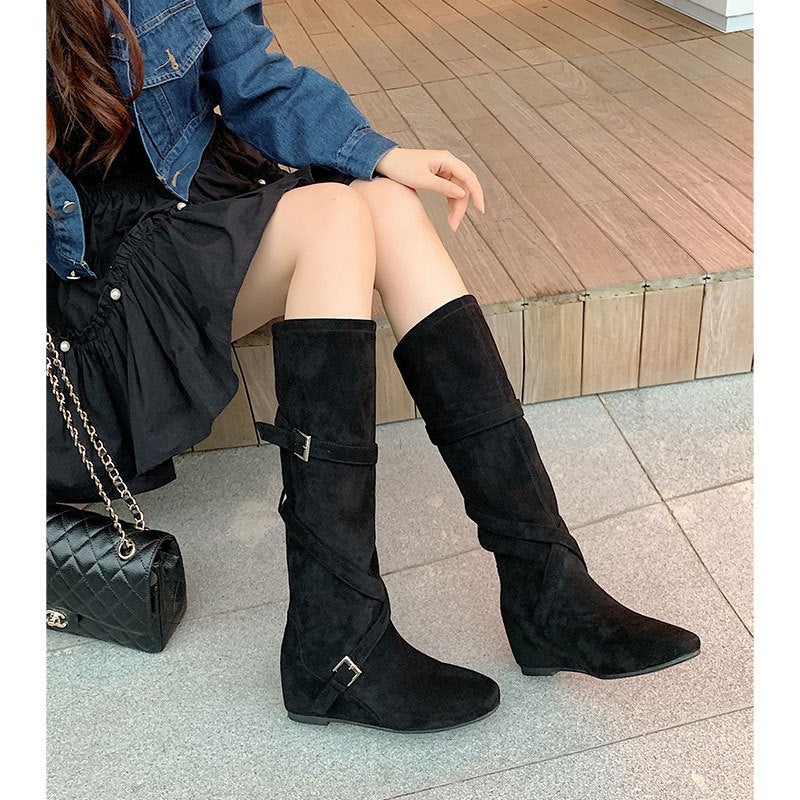 Increasing Korean Round Head Buckle Soft Pleated High Female Women's Leather Boots