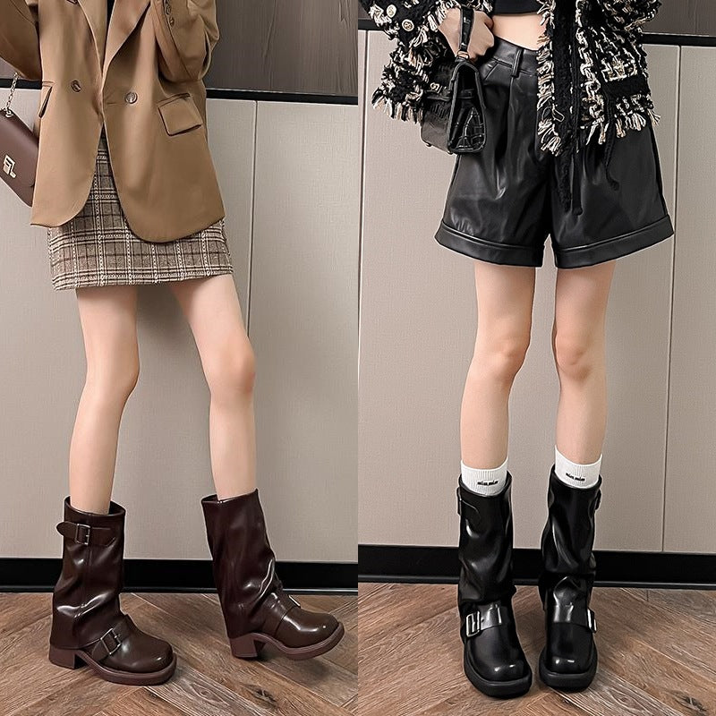 Women's Toe Wide Tube Chunky Middle Retro Belt Buckle Knee-high Pleated Boots