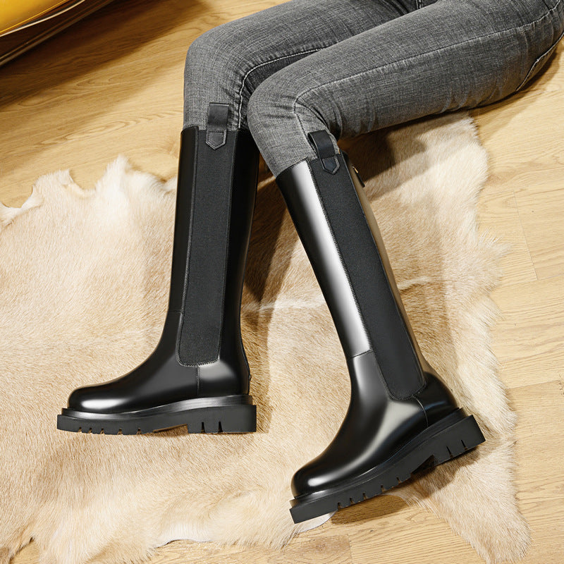 Women's Knight Below The Knee Long Thick Bottom Tube Tail Small Women's Leather Boots