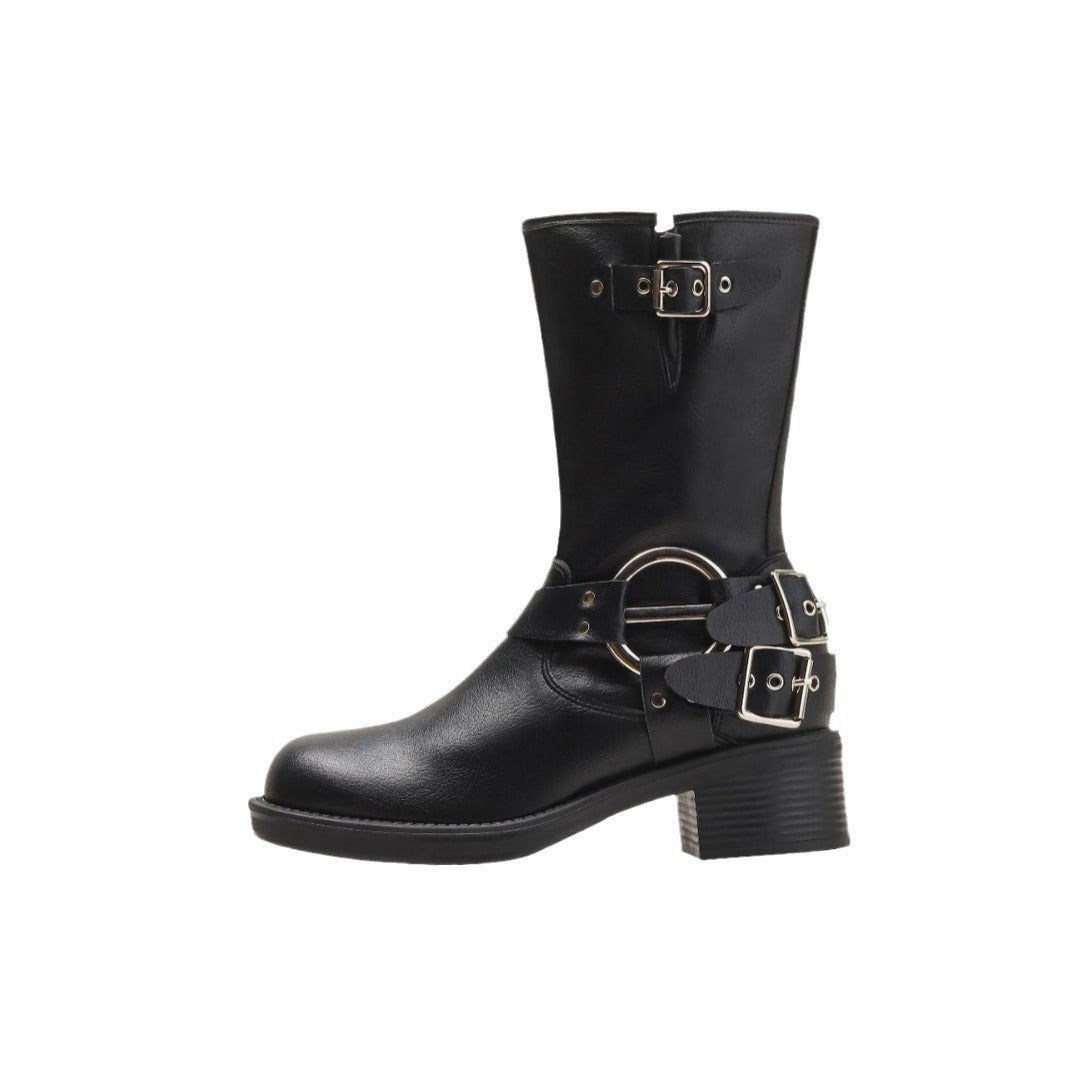 Chunky High Square Head Sleeve Locomotive Knight Height Increasing Women's Leather Boots