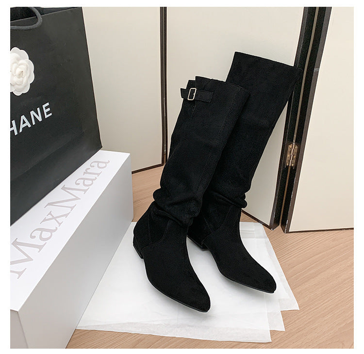 Women's Style Western Knight Pile Suede Pleated Women's Leather Boots