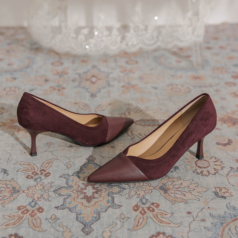 Women's Retro Maroon V Cut Stitching High Stiletto Pointed Temperament Elegant Women's Fashion Shoes