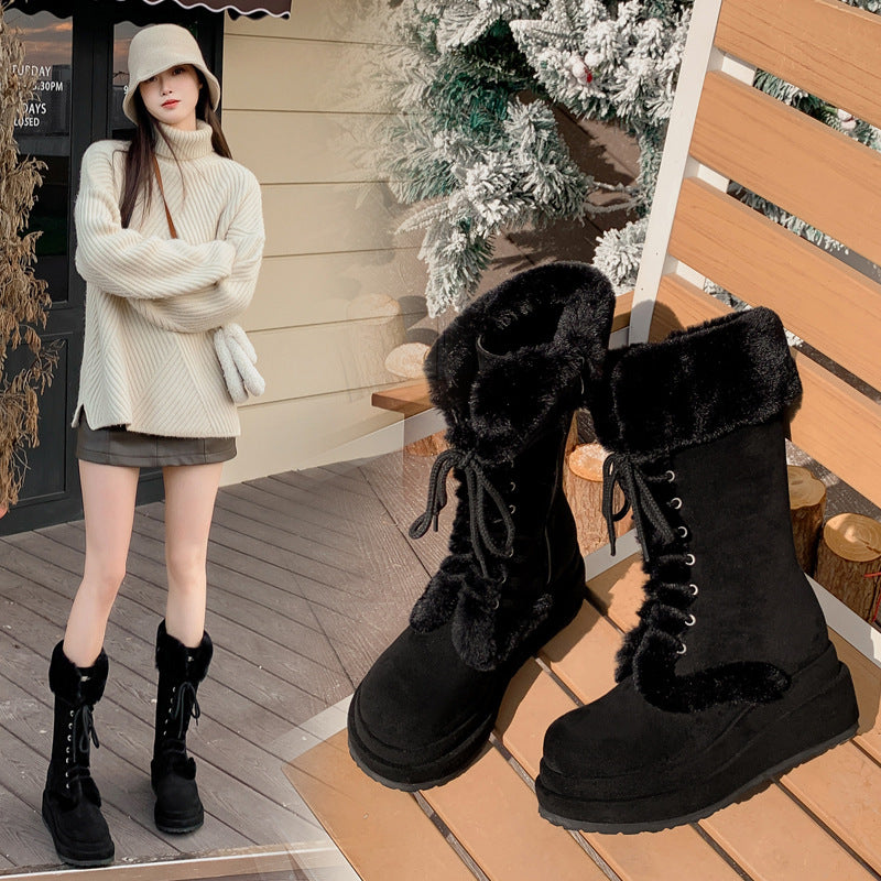 Women's Winter Retro Platform Fleece-lined Knight Thermal Middle Tube Snow Boots