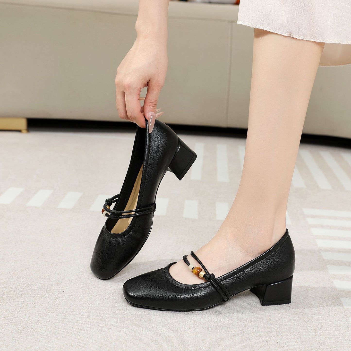 Square Toe Comfortable One-word Buckled Chunky Women's Casual Shoes
