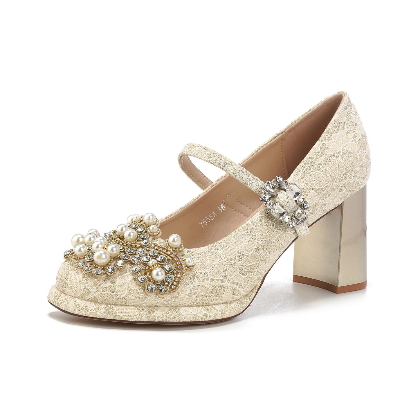 Jacquard Wedding Pearl Rhinestone Chunky Square Toe All-inclusive Heels