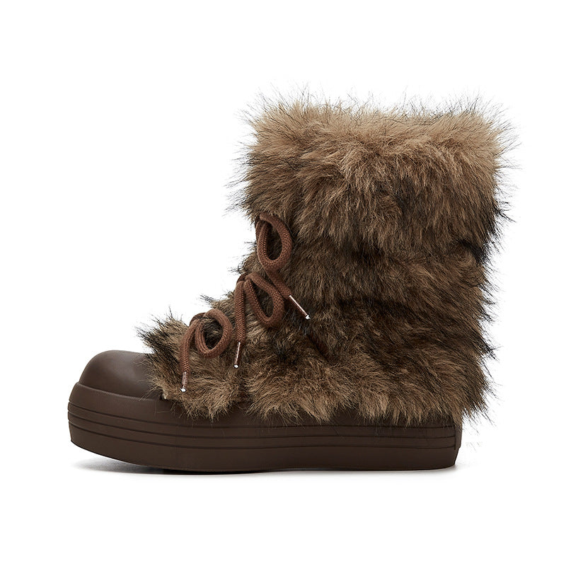Platinum Plush Warm Long Wool Bow Round Toe Boots