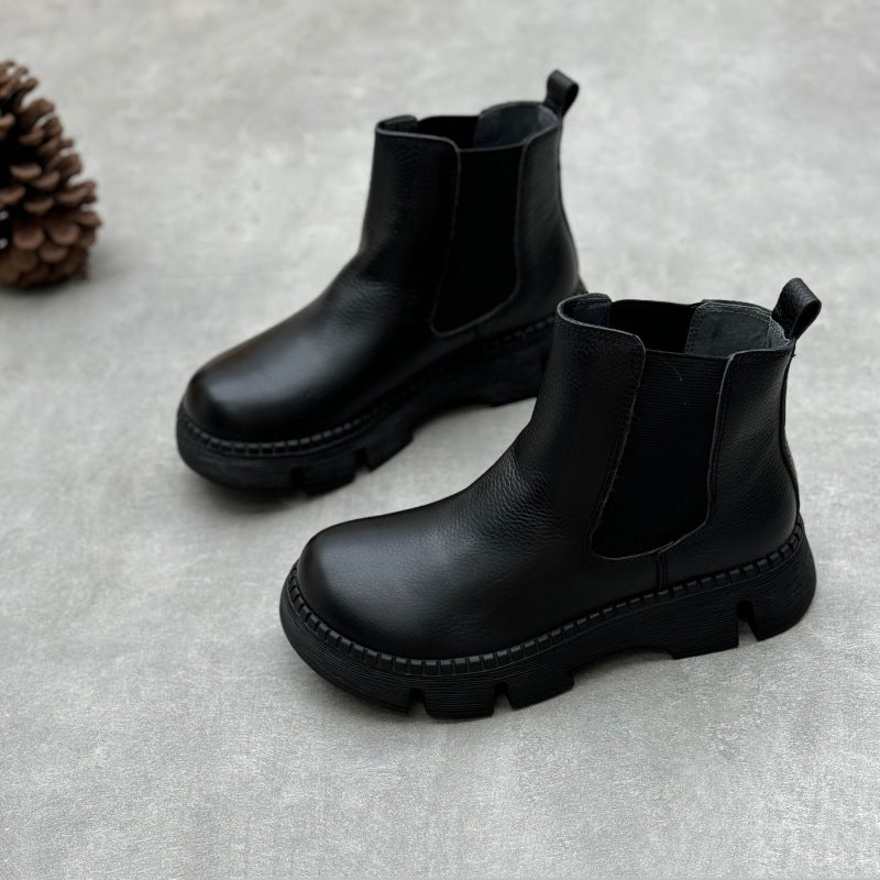 Women's Short Round Toe Muffin Bottom Slip-on Cowhide Women's Leather Boots
