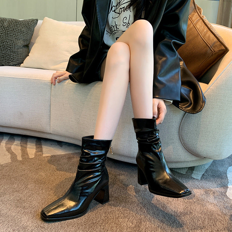 Women's Ankle Pleated Square Toe High Plus Women's Leather Boots