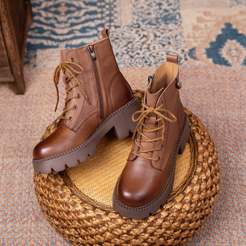 Women's Cowhide Autumn Flat Ankle Retro Round Toe Martin Boots