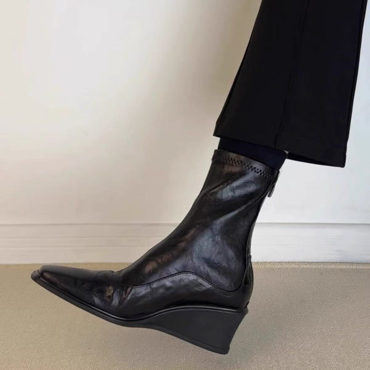 Platform Increased Stretch Thin Female Square Toe Back Zipper Retro Women's Leather Boots
