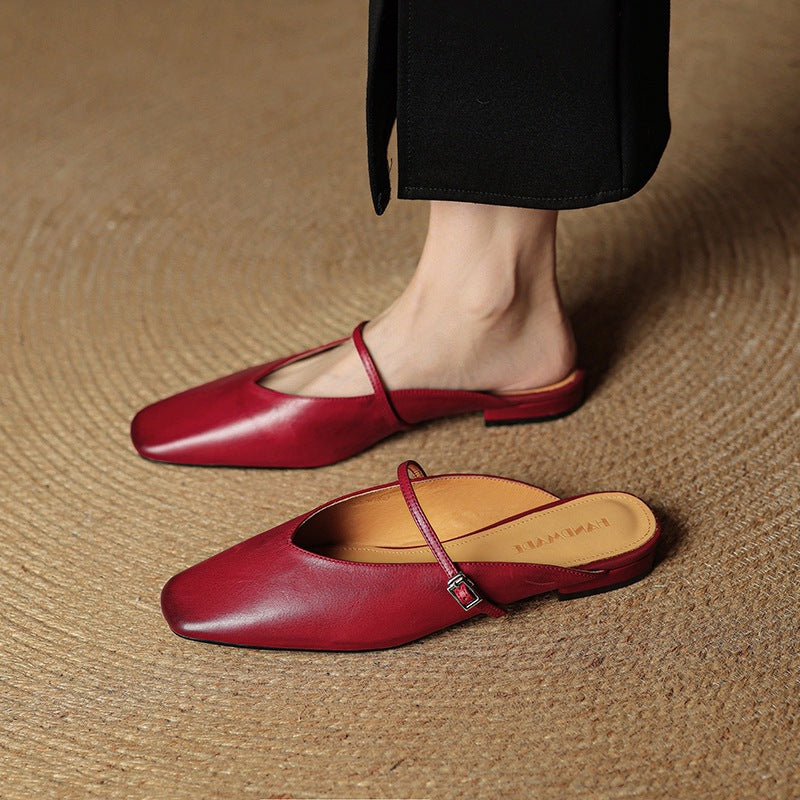 Women's Square Toe Cowhide Closed Low Flat Bottom Comfort Women's Fashion Shoes