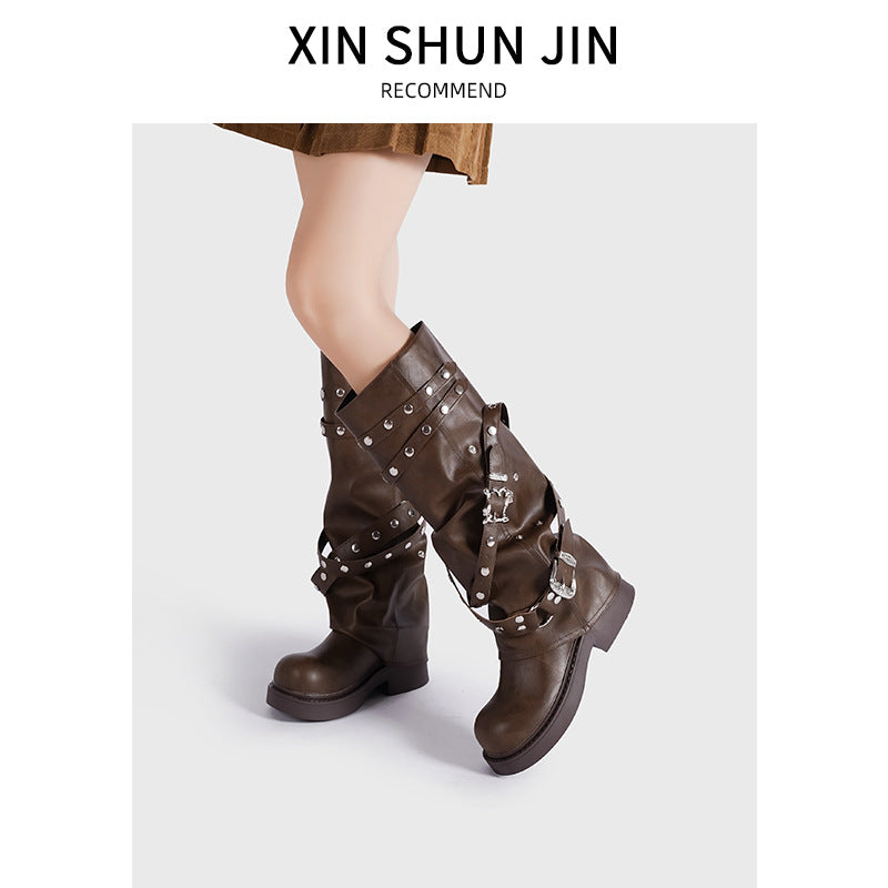 Women's Niche Design Retro Round Toe Rivet Knight Autumn Women's Shoes