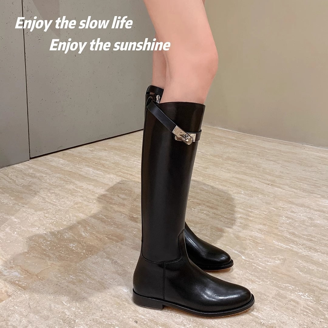 Second Hair Korean Style Slimming Oblique Lock Side Zipper Chunky Women's Leather Boots