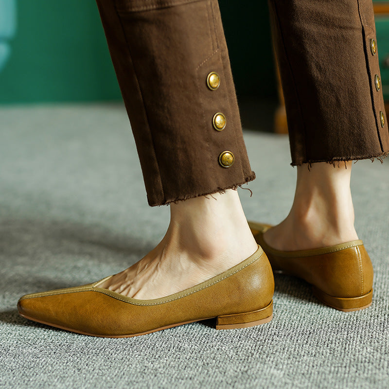 Cowhide Square Toe Low Low-cut Grandma Heels