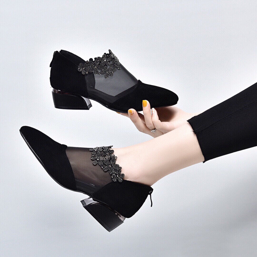 Women's Spring Pointed Mesh Sheepskin Rhinestone Black Women's Shoes