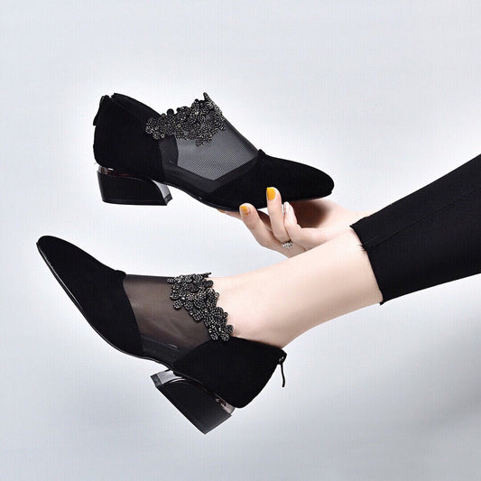 Women's Spring Pointed Mesh Sheepskin Rhinestone Black Women's Shoes