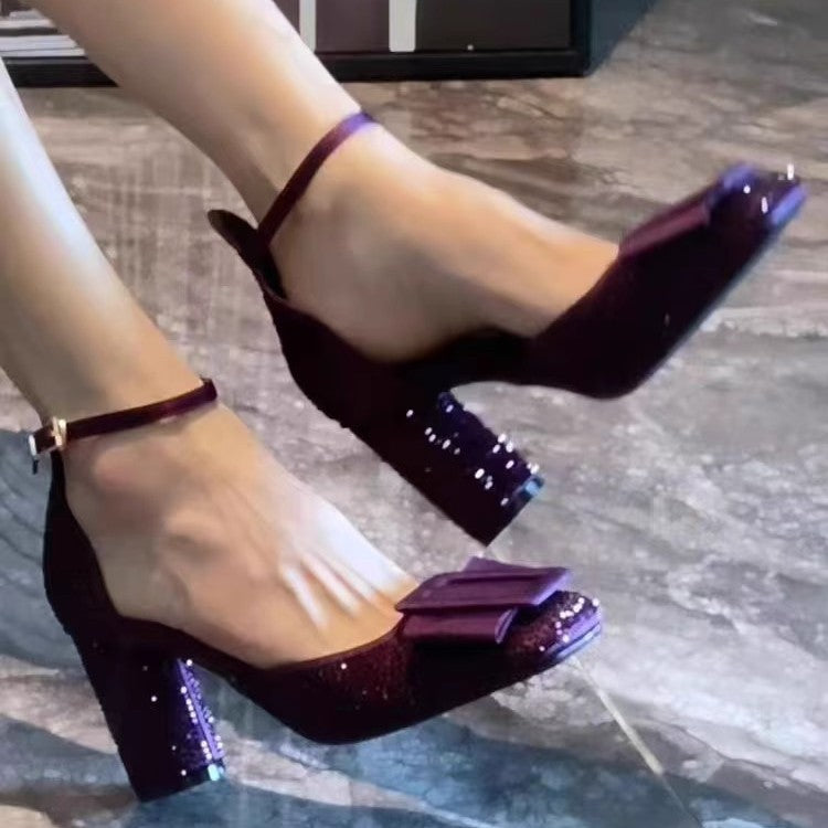 Grape Mom Bowknot Closed Toe Female Square Hollow Strap Buckle High Heeled Sandals